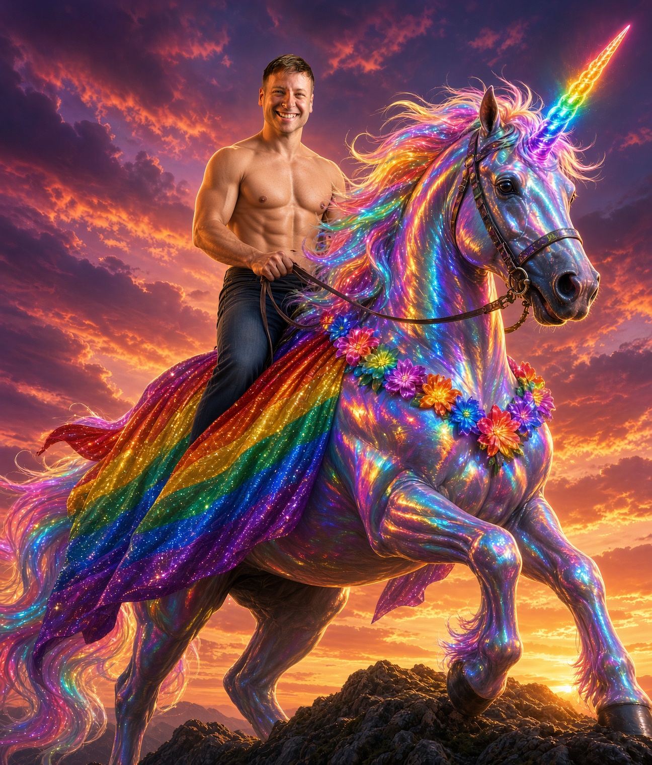Nick Kelsoe smiling while riding a rainbow unicorn at sunset
